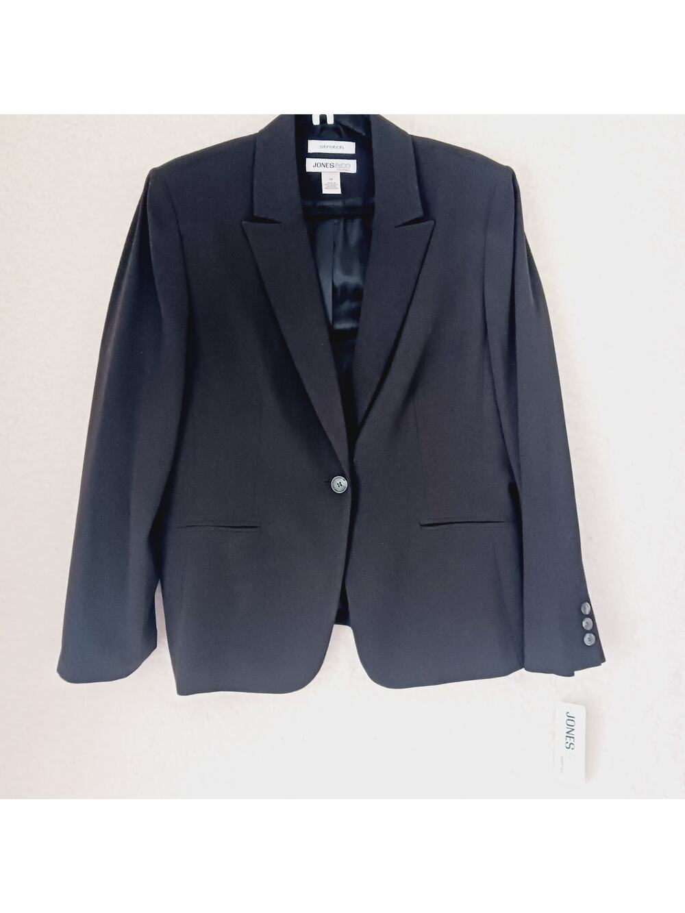 Jacket Women Jones & Co NWT Black Button-Up Pockets MSRP $86 V-Neck Office Sz 14